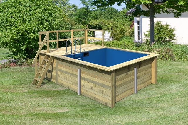 Karibu houten zwembad met klein terras Classic 1A met blauwe liner + skimmer
