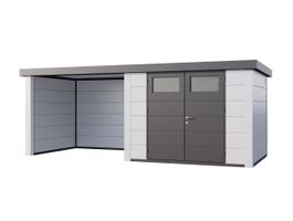 Telluria Classico 3024 metalen tuinhuis met overkapping links Foto van Telluria Classico 3024 metalen tuinhuis met overkapping links