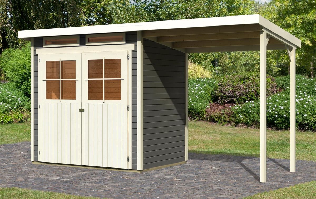 Karibu 83230 Glücksburg 2 Gartenhaus mit Anbaudach - Terragrau