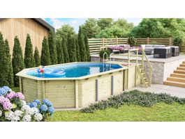 Foto van Karibu houten zwembad met terras 4C - blauwe liner + skimmer