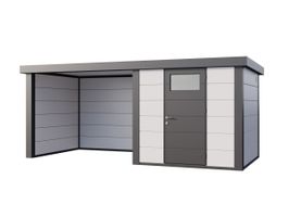 Telluria Classico 2424 metalen tuinhuis met overkapping links Foto van Telluria Classico 2424 metalen tuinhuis met overkapping links