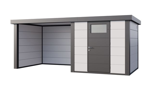 Telluria Eleganto 2424 metalen tuinhuis met overkapping links