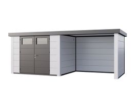 Telluria Classico 3024 metalen tuinhuis met overkapping rechts Foto van Telluria Classico 3024 metalen tuinhuis met overkapping rechts