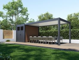 Porchenzo tuinhuis met overkapping Prestige - teak Foto van Porchenzo tuinhuis met overkapping Prestige - teak