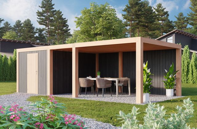Foto der WoodAcademy Gartenhaus mit Terrasse Robijn Essential nero 500x300 cm