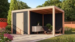 WoodAcademy tuinhuis met overkapping Robijn Essential nero Foto van WoodAcademy tuinhuis met overkapping Robijn Essential nero