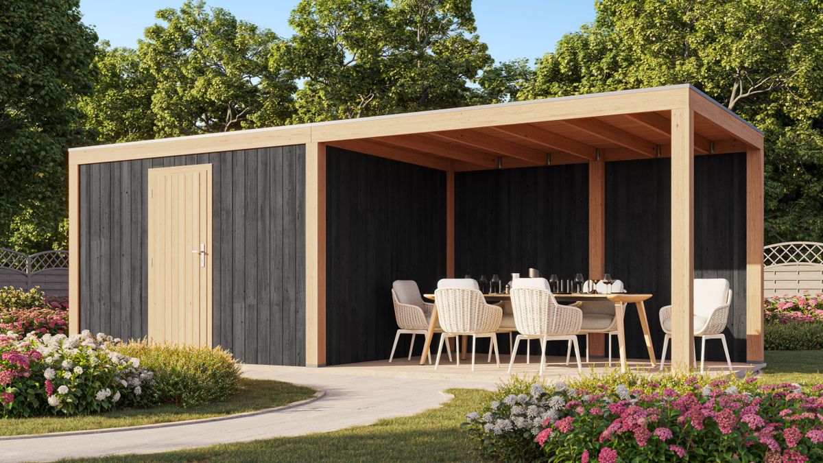 WoodAcademy Gartenhaus mit Terrasse Robijn Essential Nero