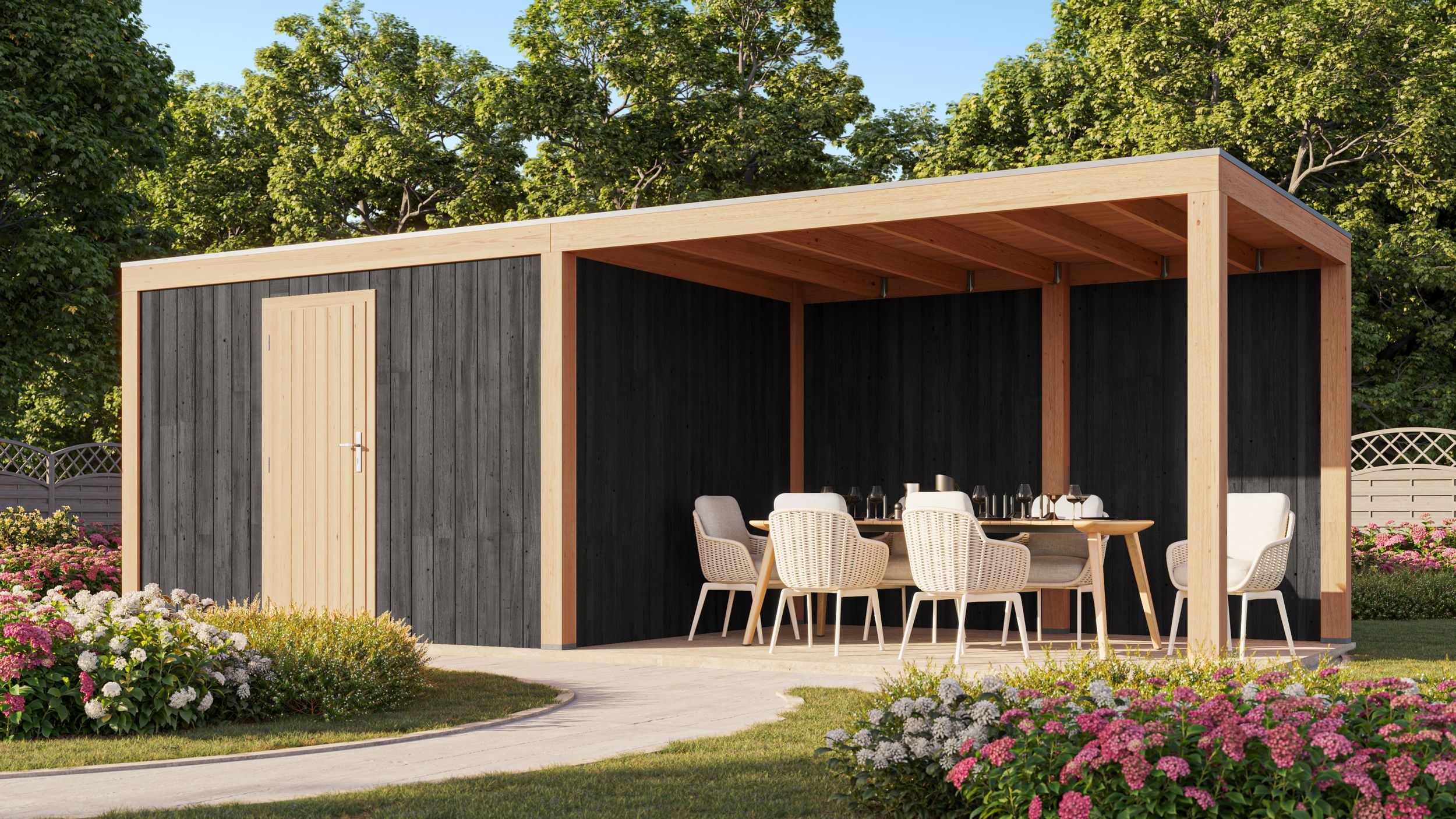 Foto der WoodAcademy Gartenhaus mit Terrasse Robijn Essential Nero