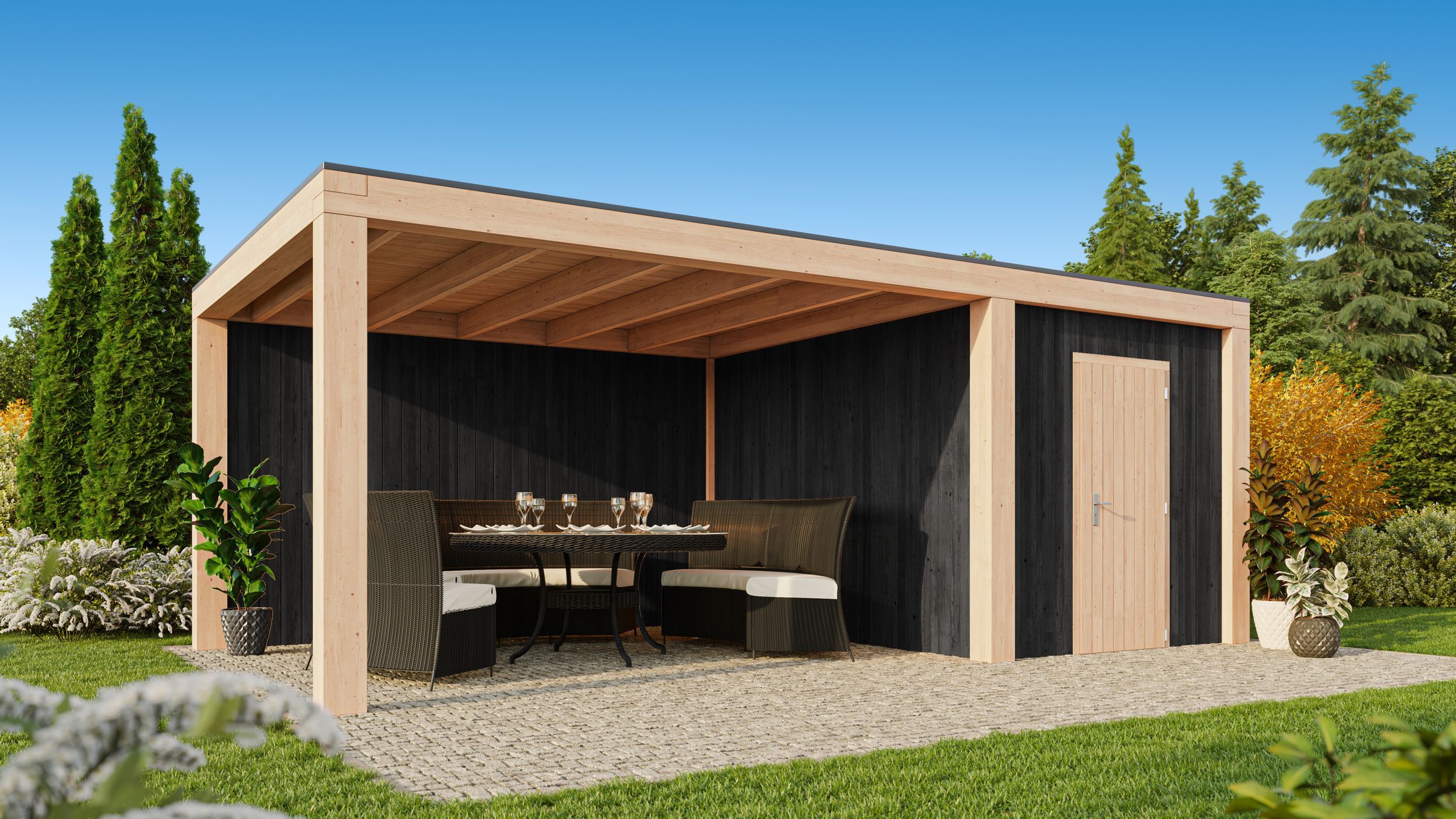 Foto von Kirk and Michaels Severus Nero Gartenhaus mit Überdachung 600x400 cm