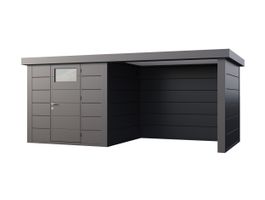 Telluria Classico 2424 metalen tuinhuis met overkapping rechts Foto van Telluria Classico 2424 metalen tuinhuis met overkapping rechts