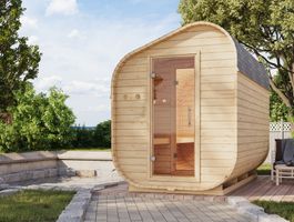 Karibu 114 Asymmetrisch 3 barrelsauna Foto van Karibu 114 Asymmetrisch 3 barrelsauna