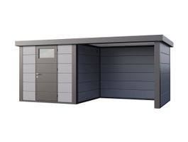 Telluria Classico 2424 metalen tuinhuis met overkapping rechts Foto van Telluria Classico 2424 metalen tuinhuis met overkapping rechts