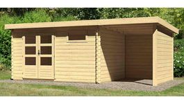 Karibu 78676 Bastrup 8 blokhut met overkapping Foto van Karibu 78676 Bastrup 8 blokhut met overkapping