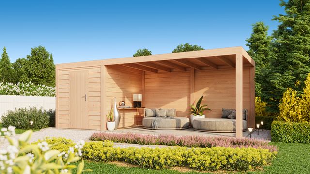 Foto van WoodAcademy tuinhuis met overkapping Nefriet Essential 600x300 cm