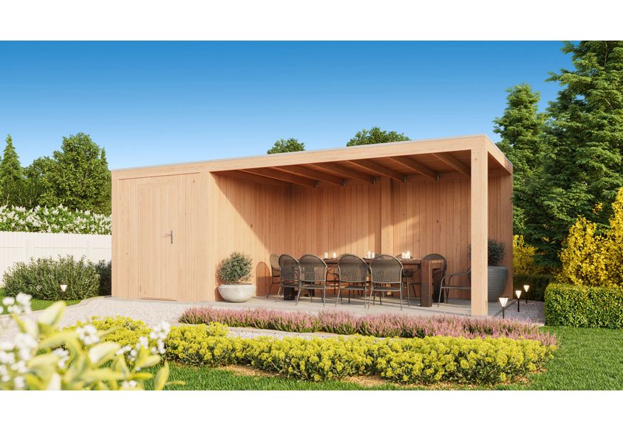 WoodAcademy tuinhuis met overkapping Robijn Excellent 680x300 cm Foto van WoodAcademy tuinhuis met overkapping Robijn Excellent 680x300 cm