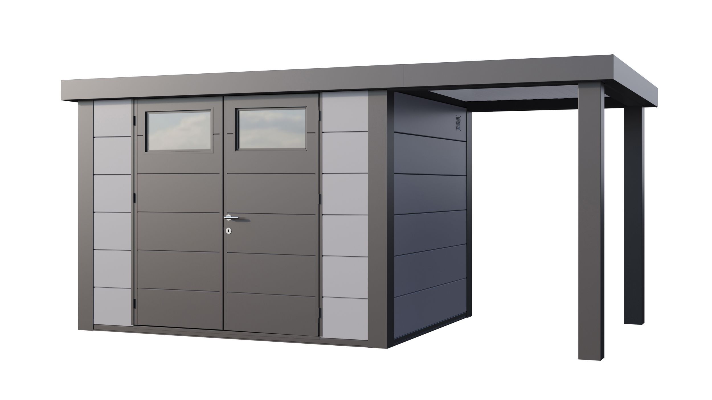 Foto van Telluria Classico 3024 metalen tuinhuis met overkapping rechts