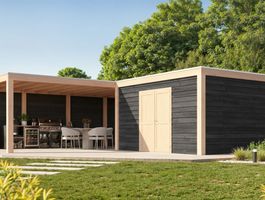 Foto van WoodAcademy tuinhuis met overkapping L-model Nefriet Essential Nero