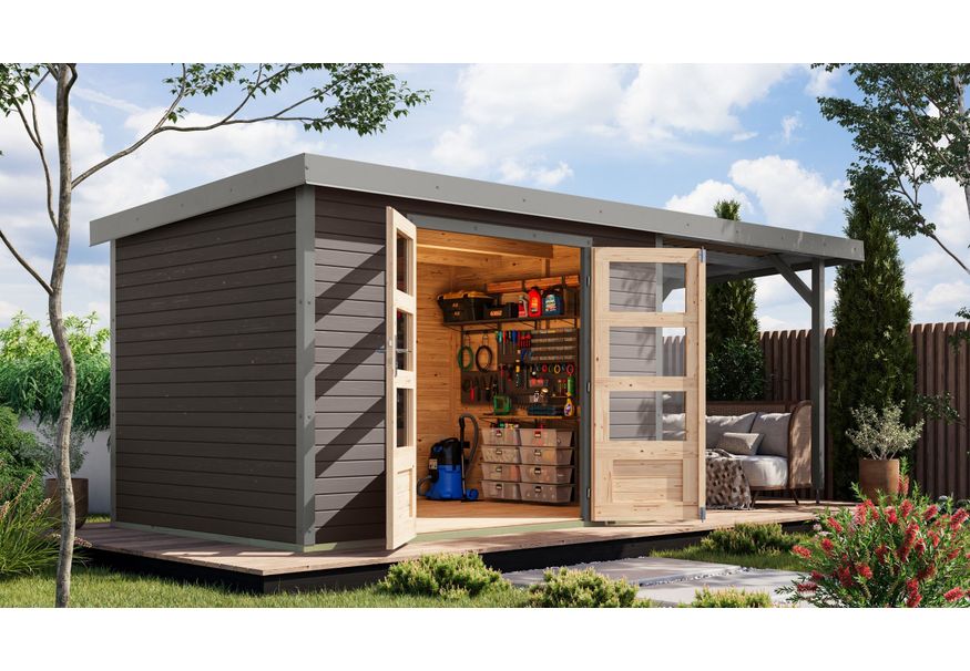Karibu tuinhuis met overkapping Jupiter 4 - Set B - terragrijs|grijsaluminium (12388) Foto van Karibu tuinhuis met overkapping Jupiter 4 - Set B - terragrijs|grijsaluminium (12388)