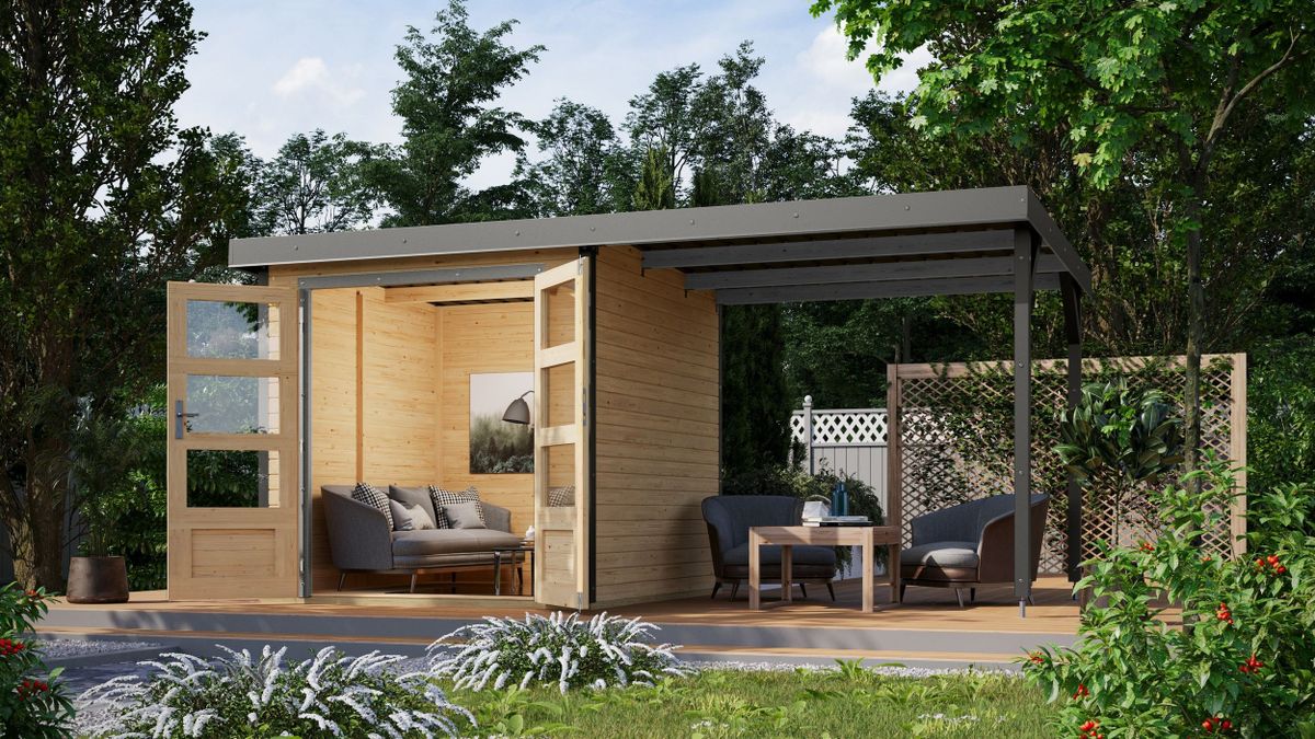 Karibu 12338 Jupiter 2 tuinhuis met overkapping - vuren|grijsaluminium