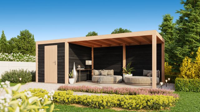 Foto van WoodAcademy tuinhuis met overkapping Nefriet Essential nero 700x400 cm