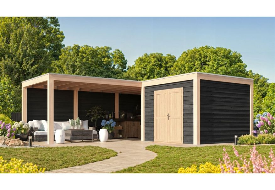 WoodAcademy tuinhuis met overkapping L-model Nefriet Essential Nero 780x300+300x300 Foto van WoodAcademy tuinhuis met overkapping L-model Nefriet Essential Nero 780x300+300x300