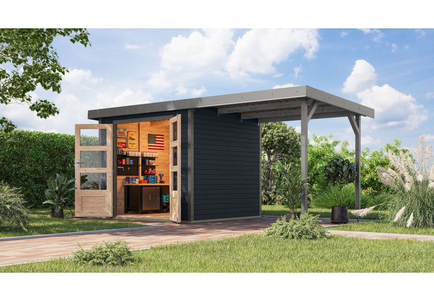 Karibu tuinhuis met overkapping Jupiter 3 - Set C - antraciet|grijsaluminium (12363) Foto van Karibu tuinhuis met overkapping Jupiter 3 - Set C - antraciet|grijsaluminium (12363)