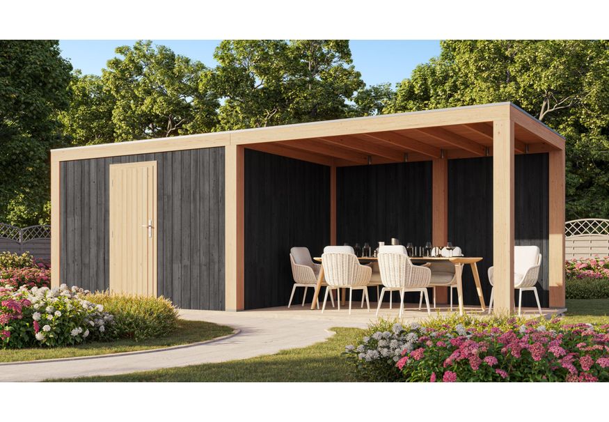WoodAcademy Gartenhaus mit Überdachung Robijn Excellent nero 780x300 cm Foto von WoodAcademy Gartenhaus mit Überdachung Robijn Excellent nero 780x300 cm