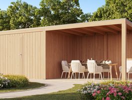 WoodAcademy tuinhuis met overkapping Robijn Essential Foto van WoodAcademy tuinhuis met overkapping Robijn Essential