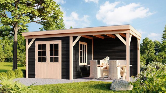 Foto der WoodAcademy Gartenhaus mit Terrasse Ermine nero 600x400 cm