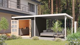 Karibu 97909 Pluto 6 tuinhuis met overkapping - terragrijs|wit Foto van