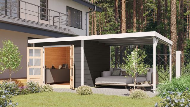 Karibu 97909 Pluto 6 tuinhuis met overkapping - terragrijs|wit