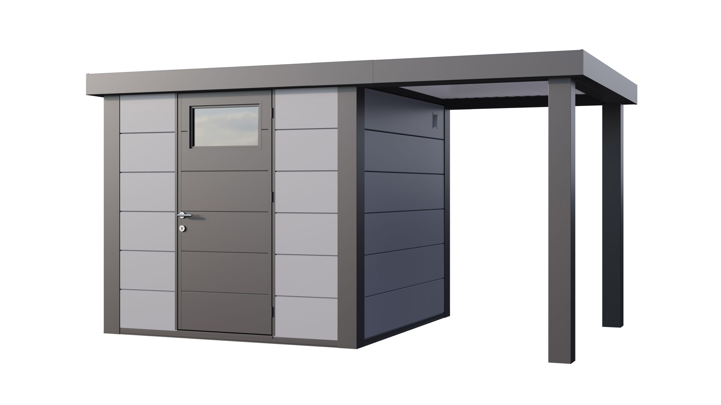 Foto van Telluria Classico 2424 metalen tuinhuis met overkapping rechts