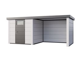 Telluria Classico 2424 metalen tuinhuis met overkapping rechts Foto van Telluria Classico 2424 metalen tuinhuis met overkapping rechts