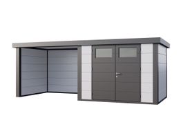 Telluria Classico 3024 metalen tuinhuis met overkapping links Foto van Telluria Classico 3024 metalen tuinhuis met overkapping links