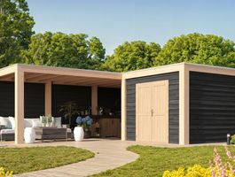 Foto van WoodAcademy tuinhuis met overkapping L-model Nefriet Excellent Nero