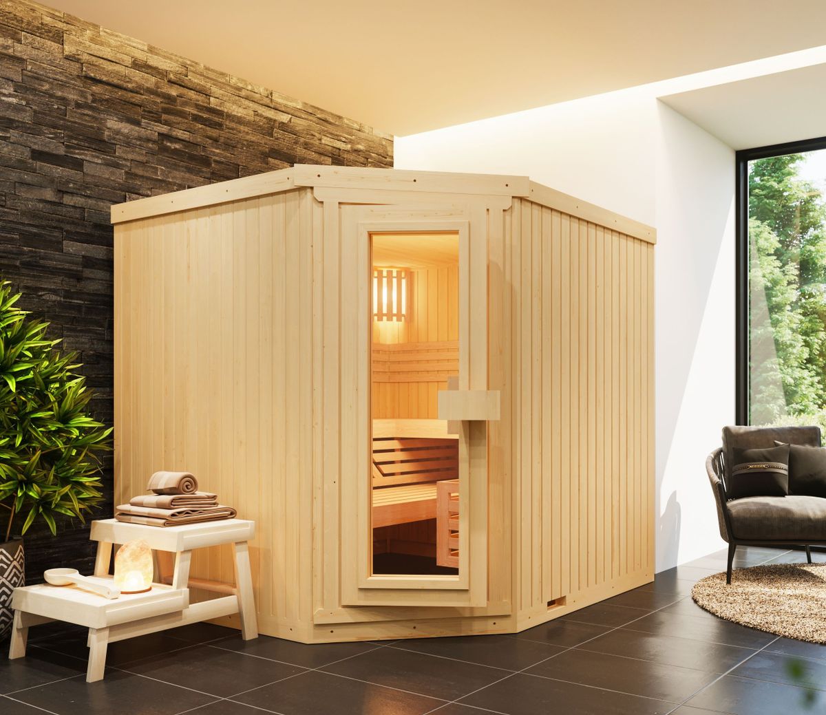 Azalp elementhoeksauna Classic 220x152 cm – vuren - 2de kans