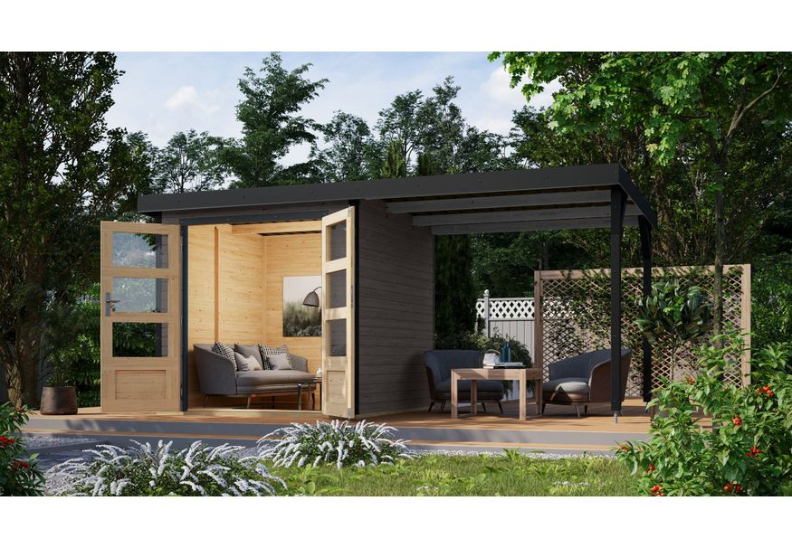 Karibu tuinhuis met overkapping Jupiter 2 - Set B - terragrijs|antraciet (93428) Foto van Karibu tuinhuis met overkapping Jupiter 2 - Set B - terragrijs|antraciet (93428)