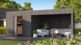 Grandiwood hölzernes Gartenhaus mit Überdachung Kubix- zwart Foto von Grandiwood hölzernes Gartenhaus mit Überdachung Kubix- zwart