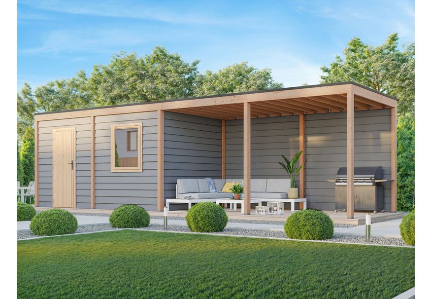WoodAcademy tuinhuis met overkapping Nefriet Essential grigio 980x400 cm Foto van WoodAcademy tuinhuis met overkapping Nefriet Essential grigio 980x400 cm