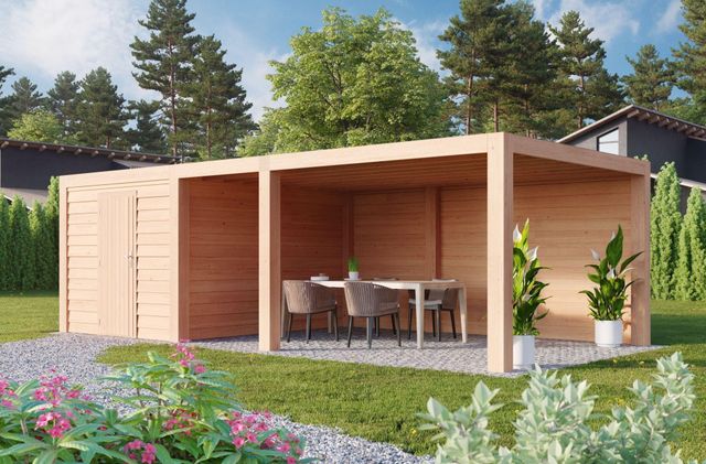 Foto van WoodAcademy tuinhuis met overkapping Nefriet Excellent 500x400 cm