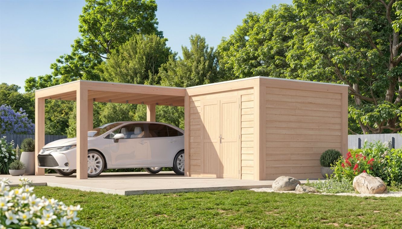 Foto van WoodAcademy carport met berging L-model Excellent