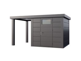 Telluria Classico 2424 metalen tuinhuis met overkapping links Foto van Telluria Classico 2424 metalen tuinhuis met overkapping links