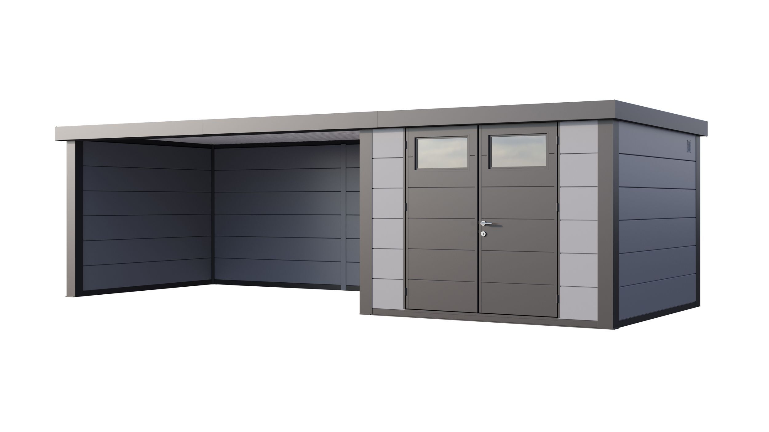 Foto van Telluria Classico 3030 metalen tuinhuis met overkapping links