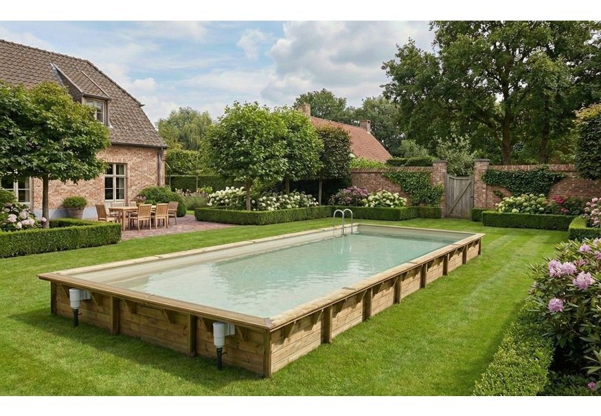 Ubbink Linéa 1100 x 500 x 140 cm compleet met beige liner en uitrusting Foto van Ubbink Linéa 1100 x 500 x 140 cm compleet met beige liner en uitrusting
