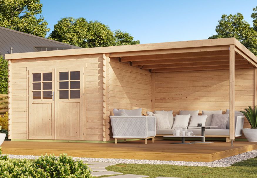 Debro blokhut met overkapping Angers 596 x 238 cm Foto van Debro blokhut met overkapping Angers 596 x 238 cm