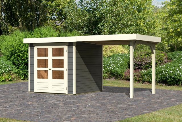 Foto der Karibu 82904 Askola 2 Gartenhaus mit Seitenmarkise - Gestrichen