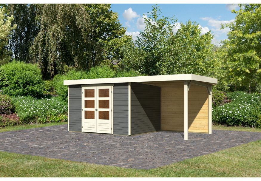 Karibu Askola 5 Tuinhuis met overkapping 240 cm - achterwand - terragrijs (9156) Foto van Karibu Askola 5 Tuinhuis met overkapping 240 cm - achterwand - terragrijs (9156)