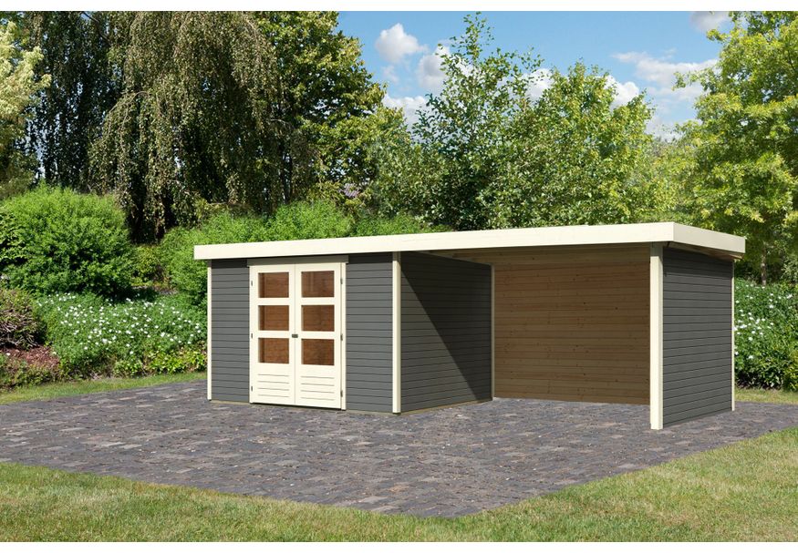 Karibu Askola 5 tuinhuis met overkapping 280 cm - zij en achterwand - terragrijs (9162) Foto van Karibu Askola 5 tuinhuis met overkapping 280 cm - zij en achterwand - terragrijs (9162)