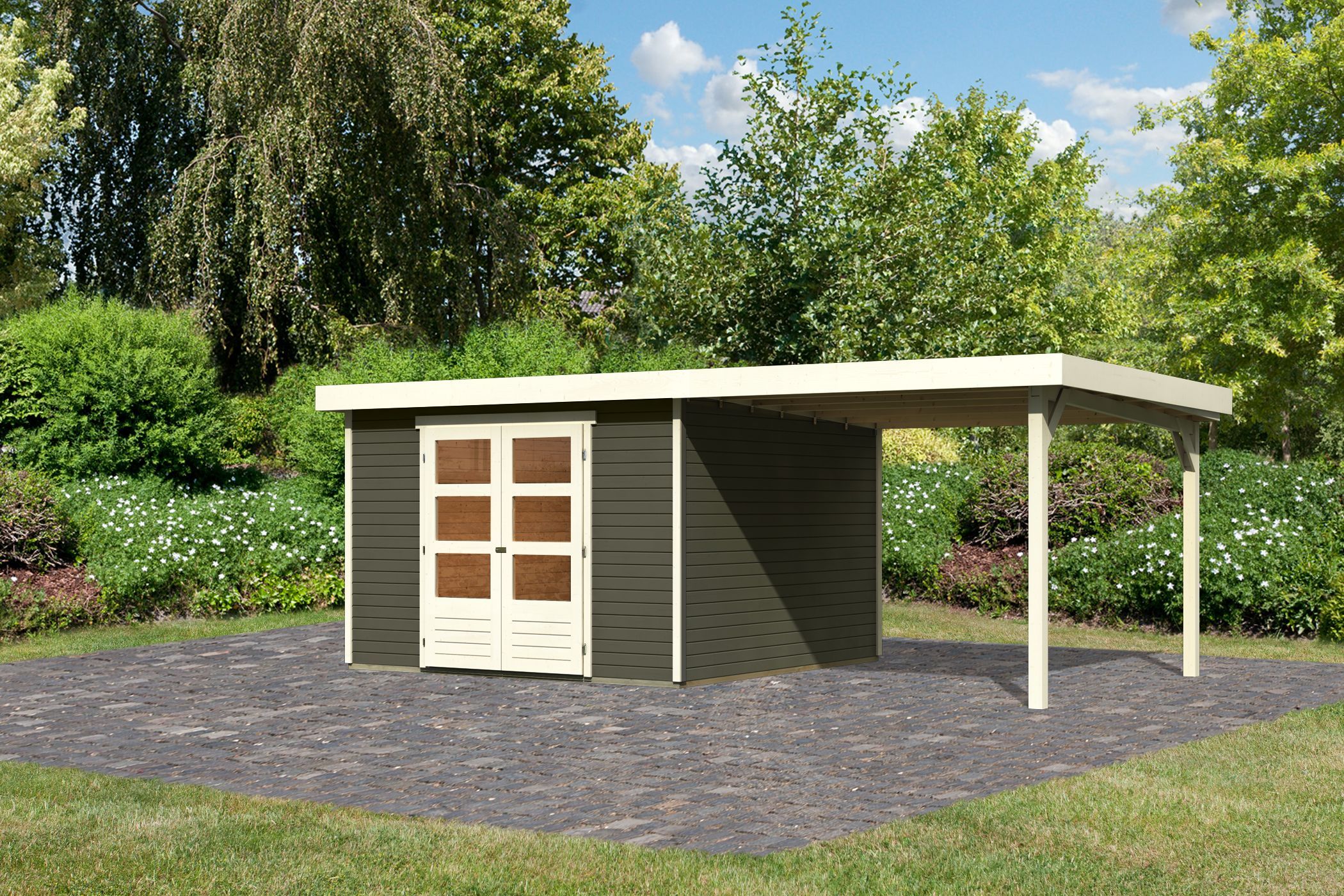 Foto van Karibu 23716 Askola 6 tuinhuis met overkapping terragrijs
