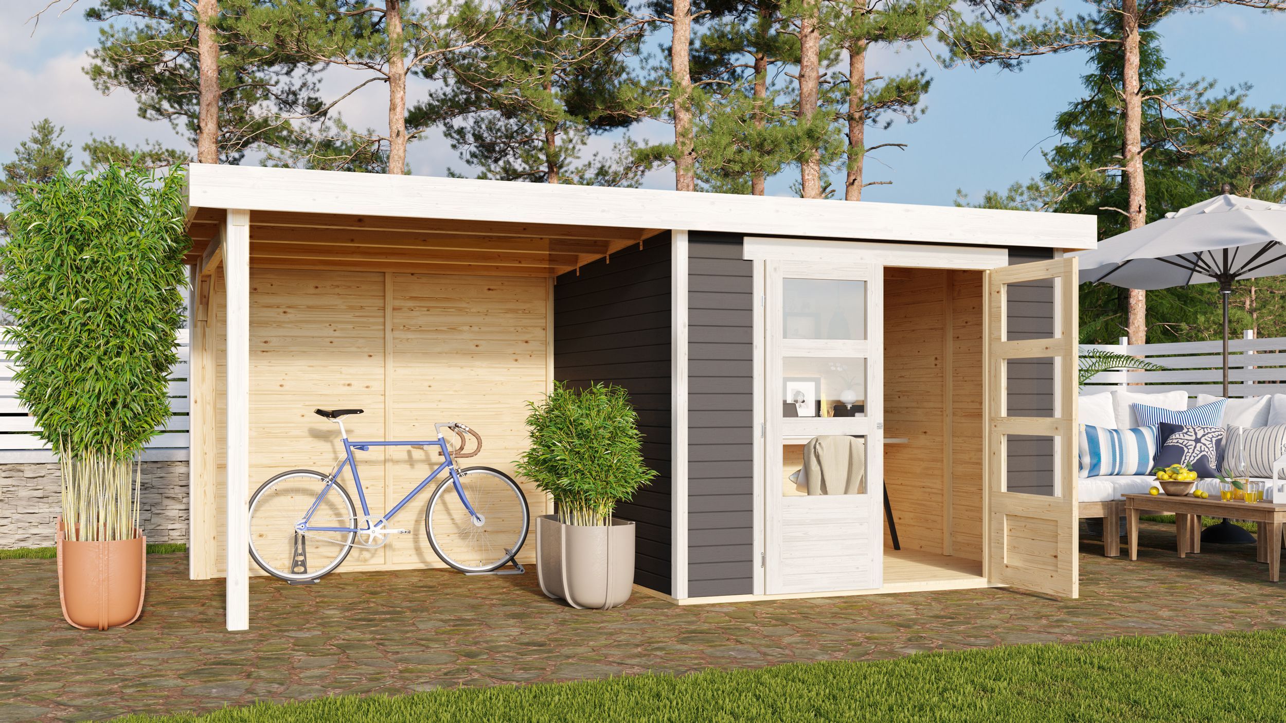 Foto van Karibu 9171 Askola 3 tuinhuis met overkapping - terragrijs